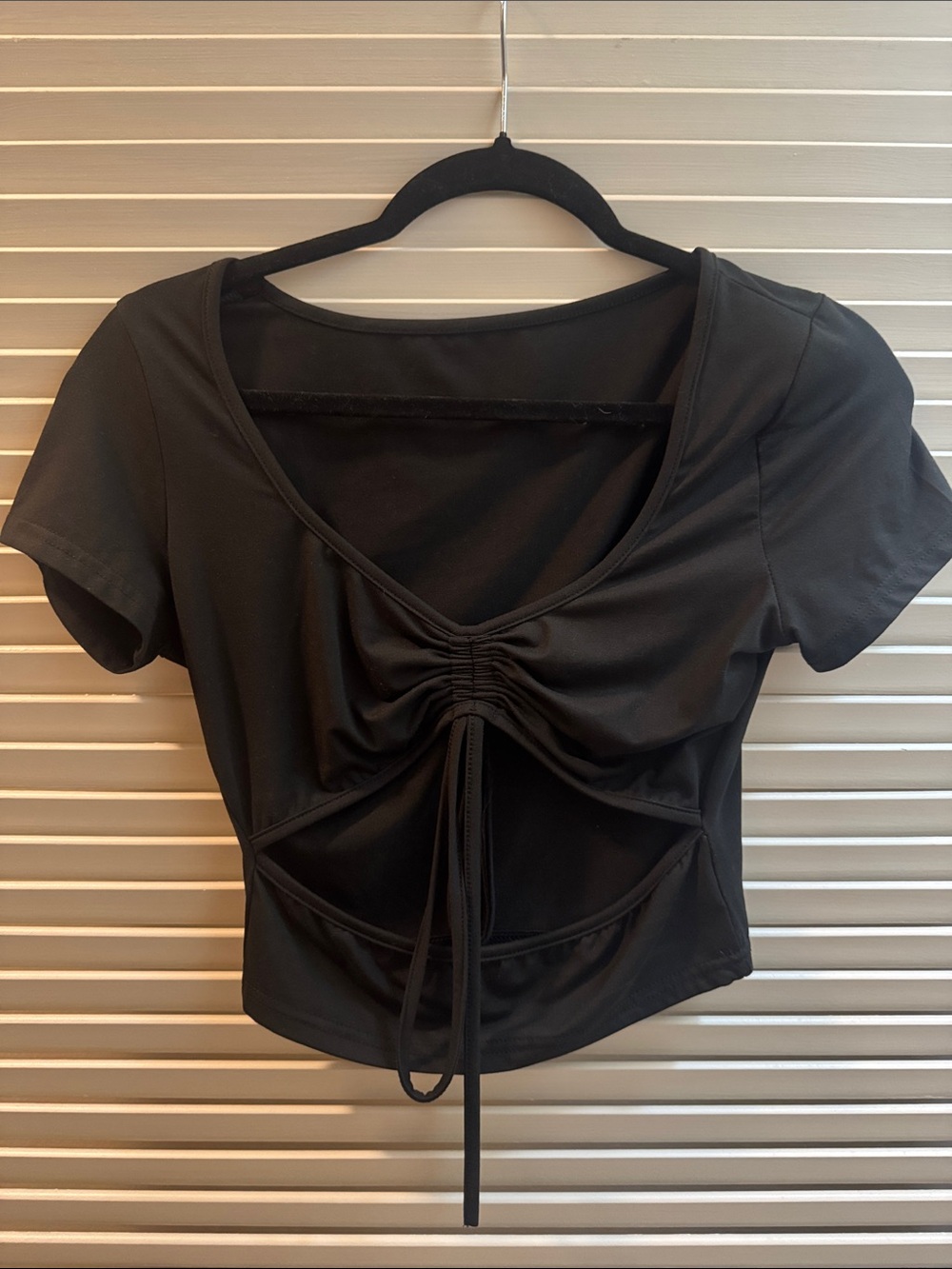 Amazon Black Ruched Drawstring Cutout Crop Top - Women